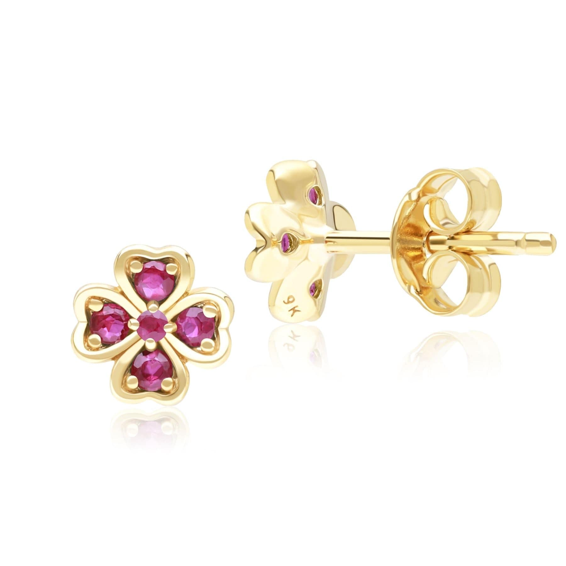 135E1878019 Gardenia Round Ruby Clover Stud Earrings in 9ct Yellow Gold Side