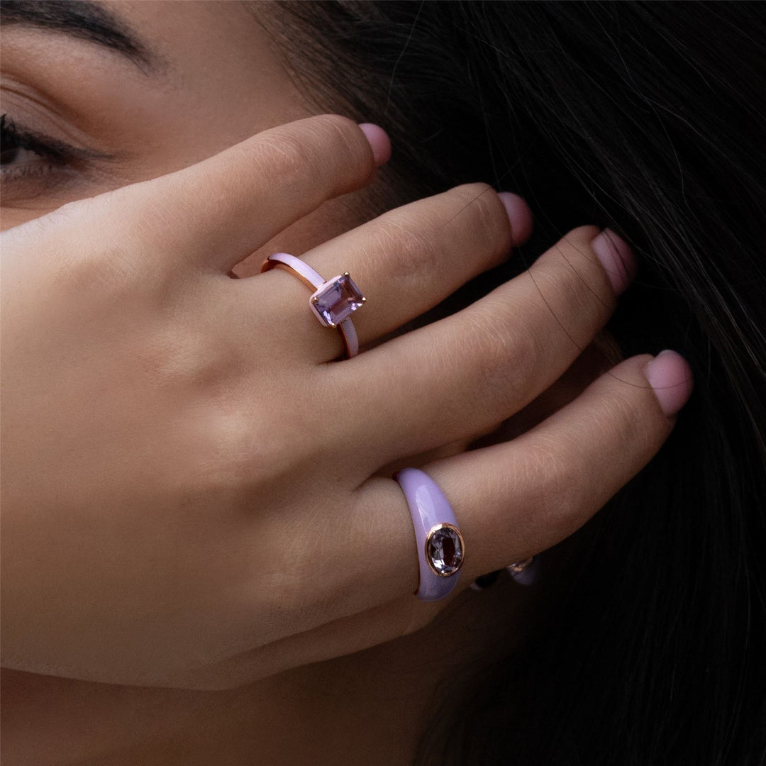 Siberian Waltz Violet Enamel & Octagon Pink Amethyst Ring In Rose Gold Vermeil