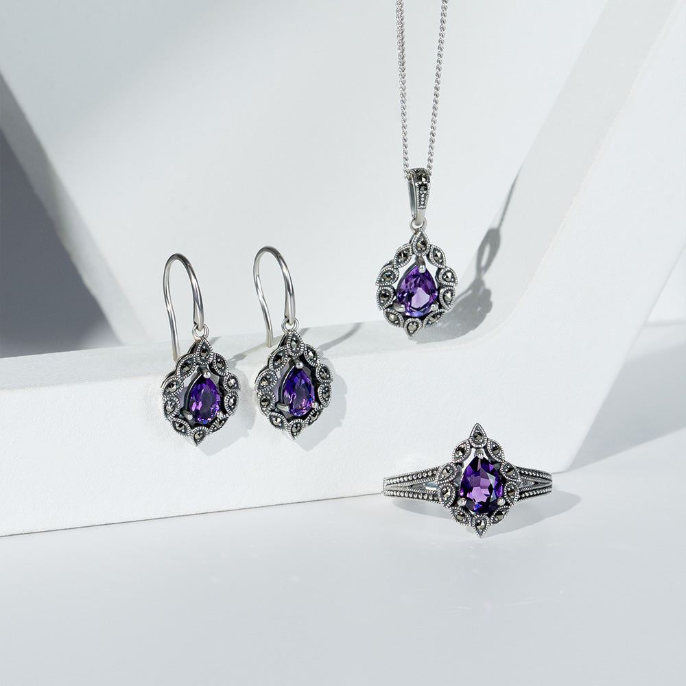 Art Deco Style Pear Amethyst & Marcasite Ring in Sterling Silver