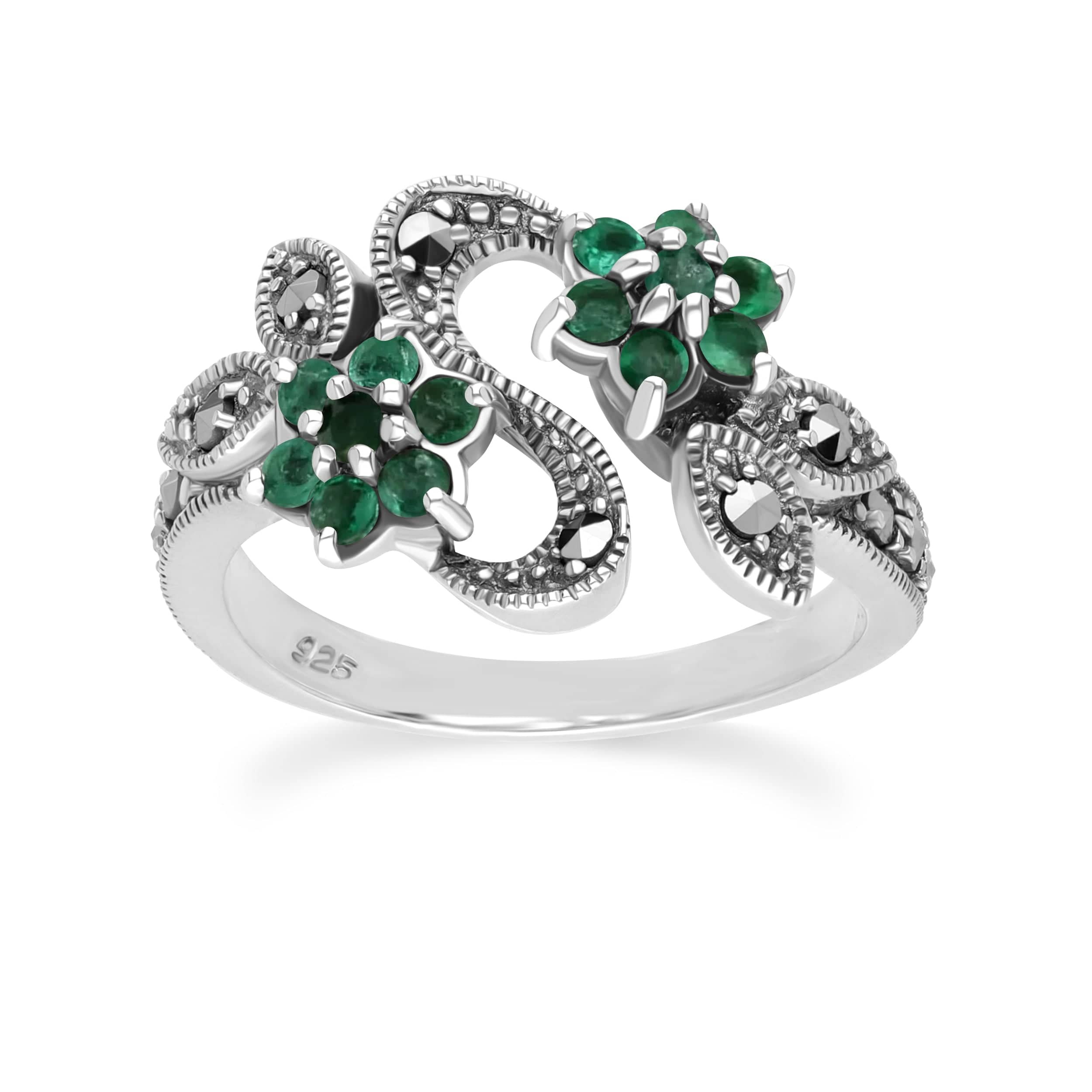 Art Nouveau Style Round Emerald & Marcasite Flower Ring in Sterling Silver