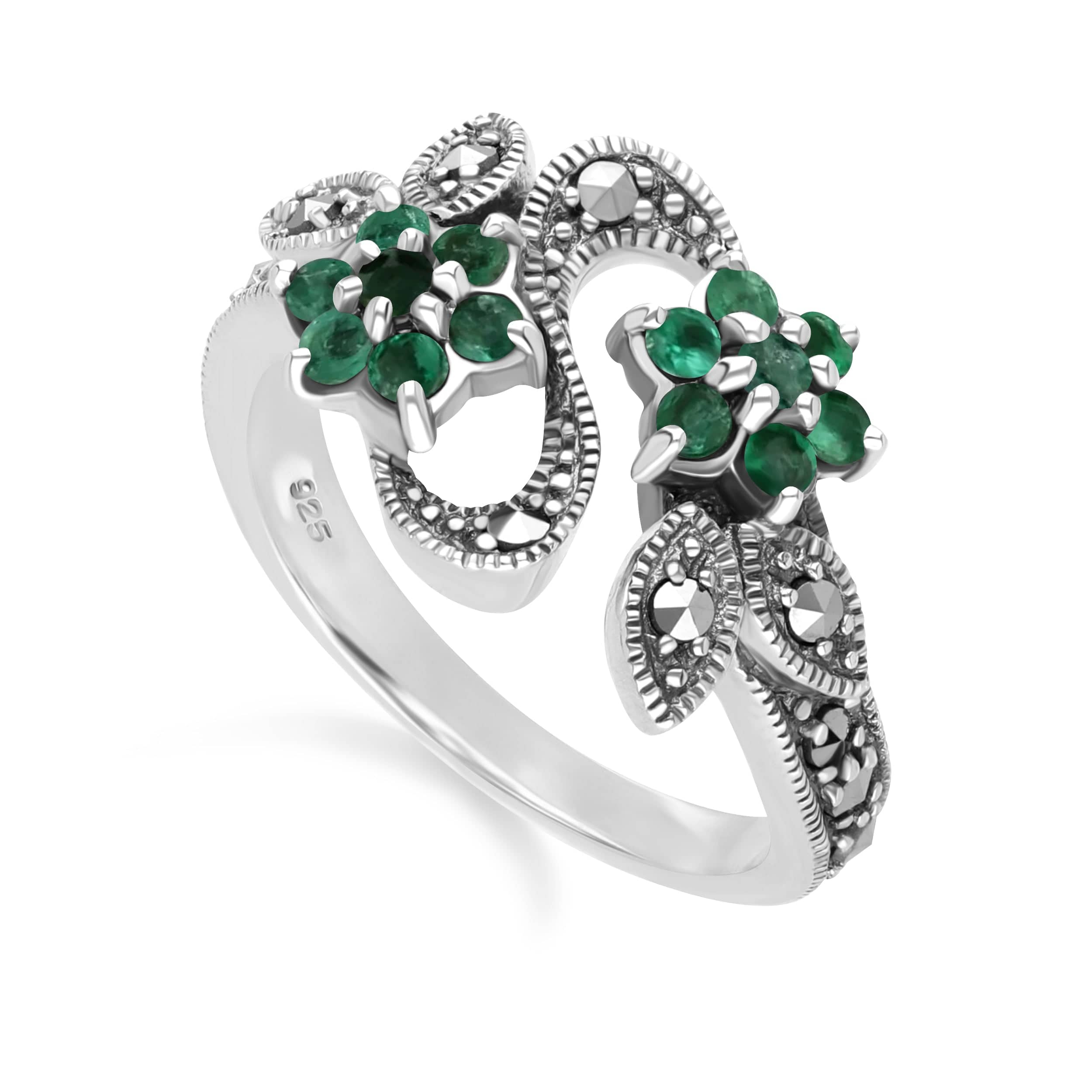 Art Nouveau Style Round Emerald & Marcasite Flower Ring in Sterling Silver