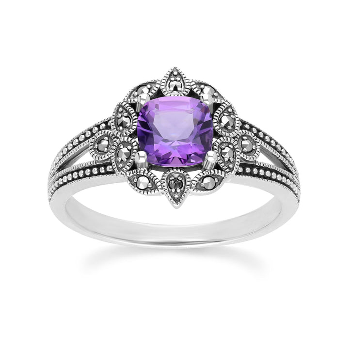 Art Deco Style Cushion Amethyst & Marcasite Ring in Sterling Silver