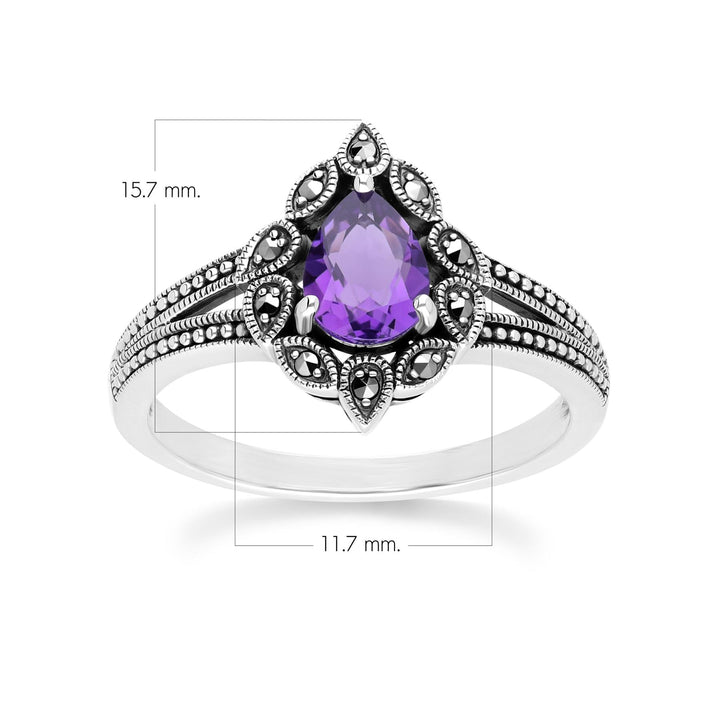 Art Deco Style Pear Amethyst & Marcasite Ring in Sterling Silver