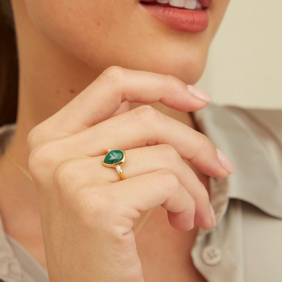 253R710201925 Irregular Malachite & Topaz Ring In 18ct Gold Plated SterlIng Silver On Model