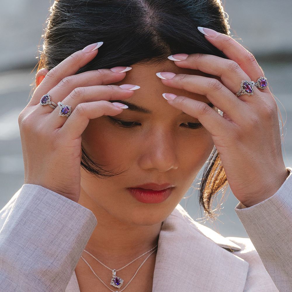 Art Deco Style Marquise Amethyst & Marcasite Ring in Sterling Silver