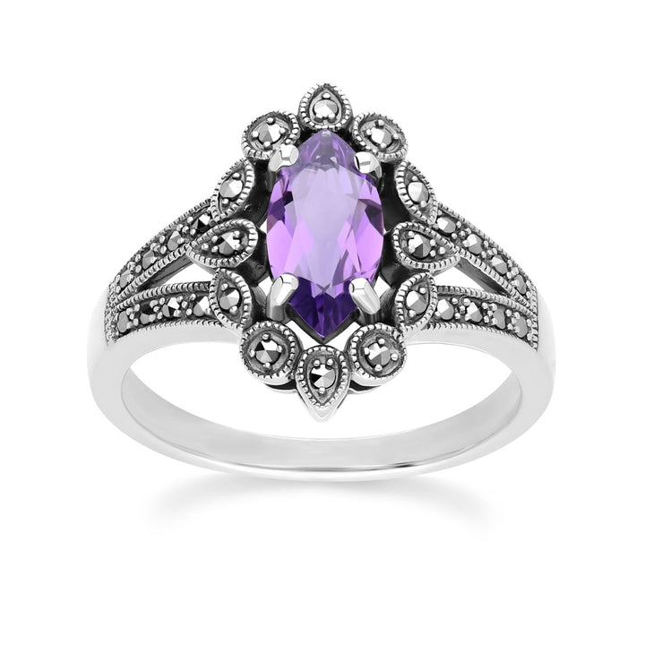 Art Deco Style Marquise Amethyst & Marcasite Ring in Sterling Silver