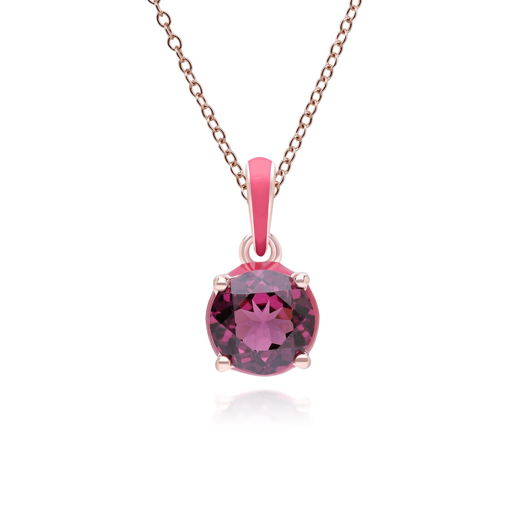 Siberian Waltz Pink Enamel & Round Rhodolite Pendant Necklace In Rose Gold Vermeil