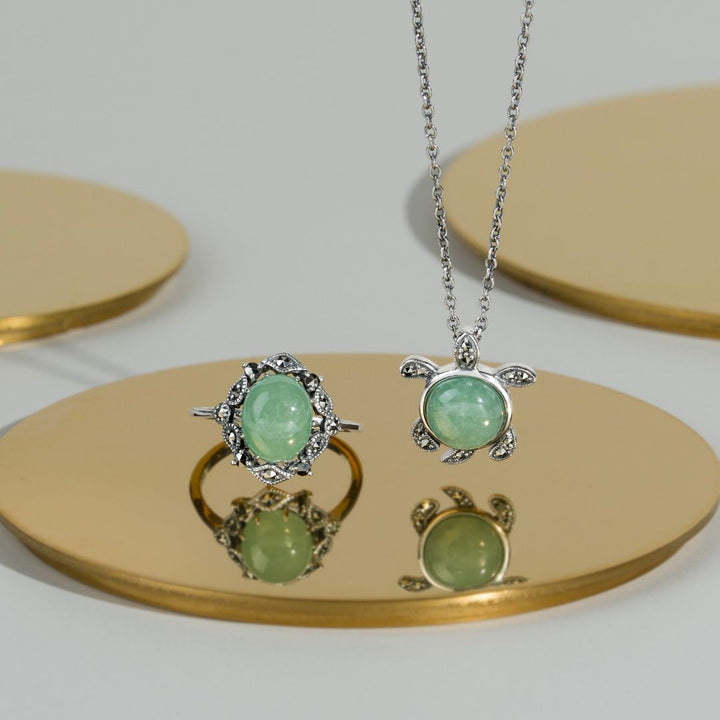 Art Nouveau Style Oval Green Jade Cabochon & Marcasite Statement Ring