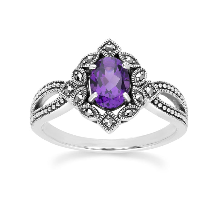 Art Deco Style Oval Amethyst & Marcasite Ring in Sterling Silver