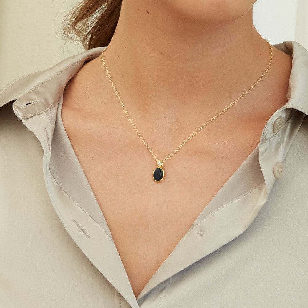 253P335403925 Irregular Oval Black Onyx & Topaz Pendant In 18ct Gold Plated SterlIng Silver On Model