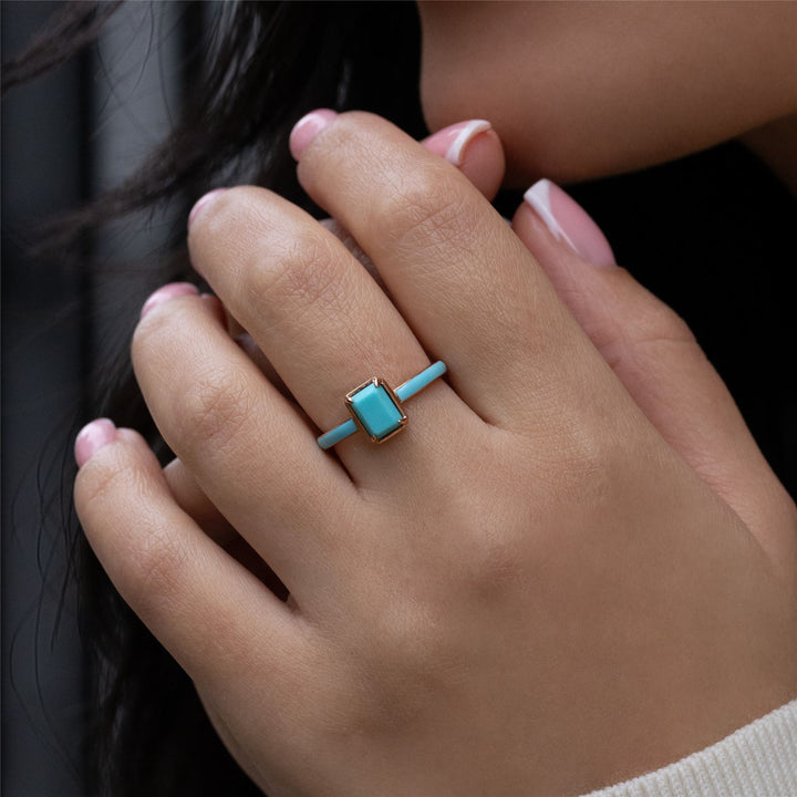 Siberian Waltz Blue Enamel & Octagon Turquoise Ring In Rose Gold Vermeil