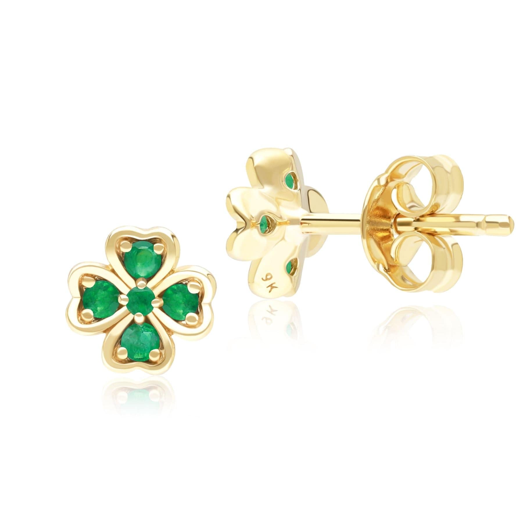 135E1878029 Gardenia Round Emerald Clover Stud Earrings in 9ct Yellow Gold Side