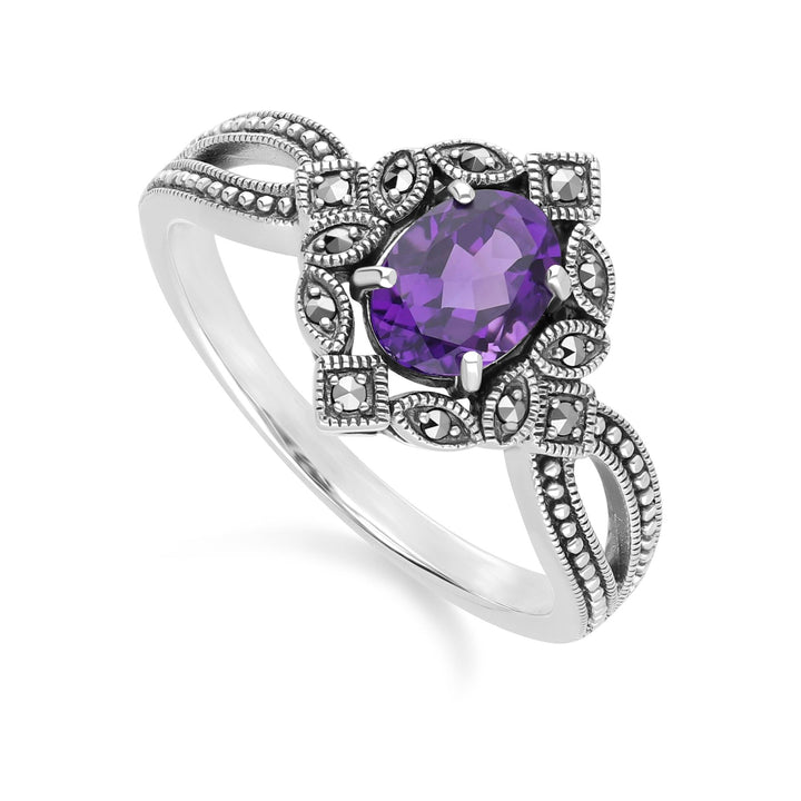 Art Deco Style Oval Amethyst & Marcasite Ring in Sterling Silver