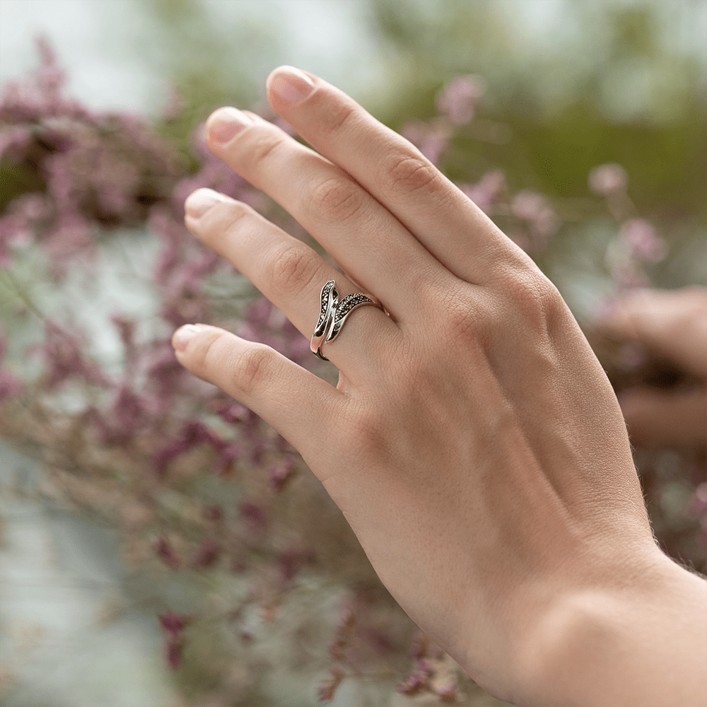 Art Nouveau Style Round Emerald & Marcasite Snake Ring in 925 Sterling Silver 214R035402925 on model