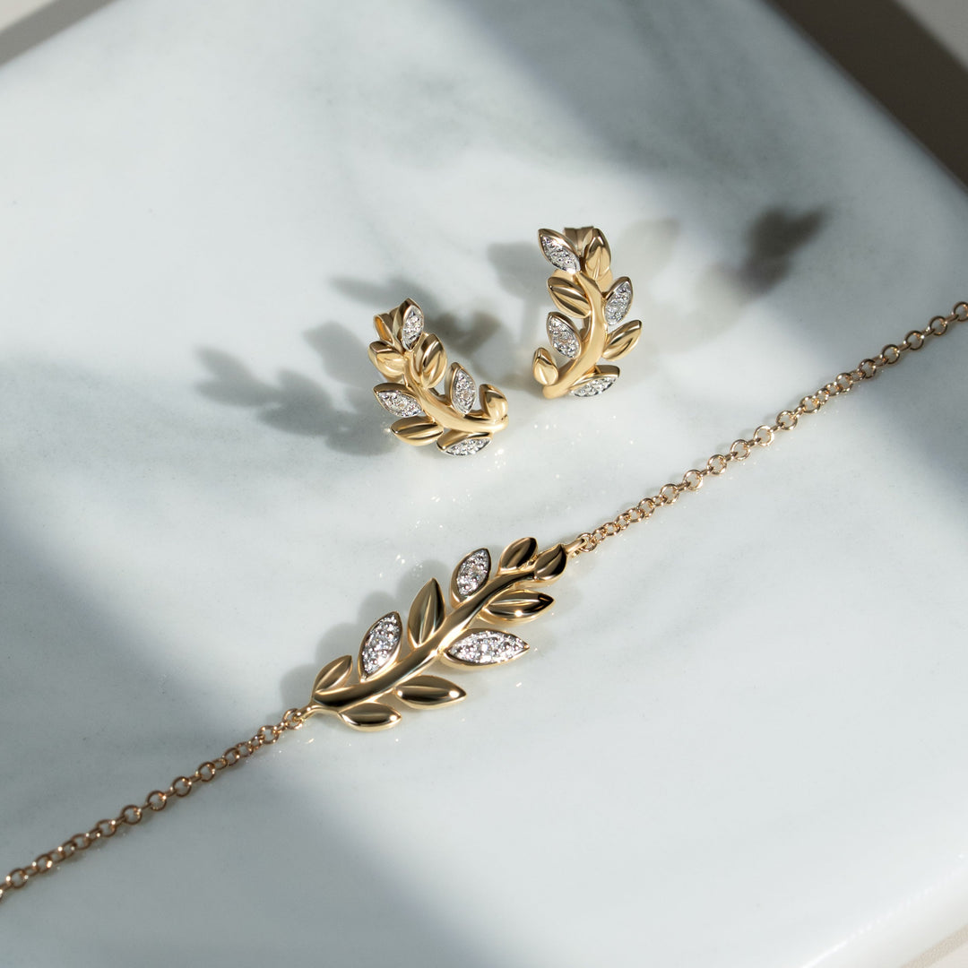 O Leaf Diamond Pave Stud Earrings in 9ct Yellow Gold