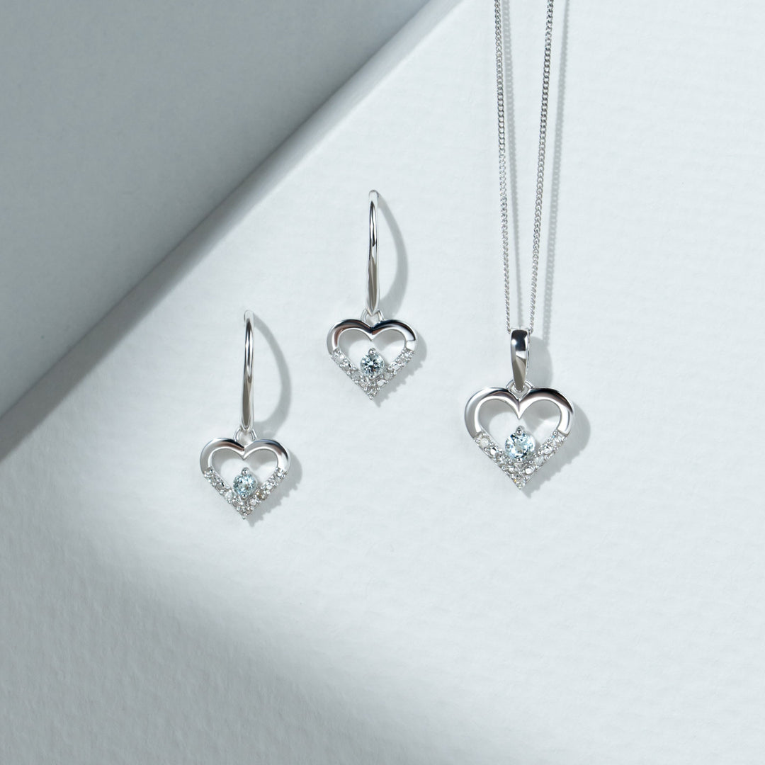 Classic Round Aquamarine & Diamond Love Heart Shaped Drop Earrings in 9ct White Gold
