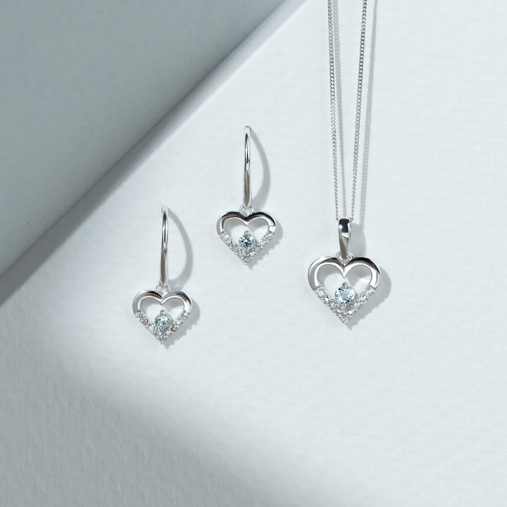 Classic Round Aquamarine & Diamond Love Heart Shaped Drop Earrings in 9ct White Gold