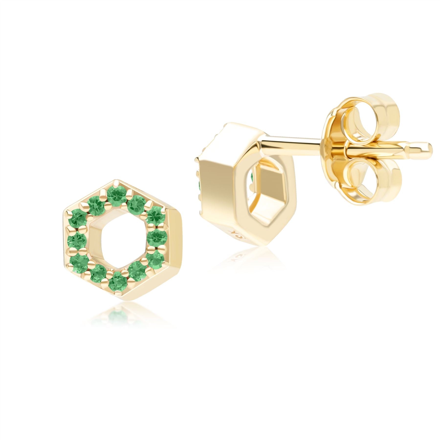 Geometric Hex Emerald Stud Earrings in 9ct Yellow Gold Back