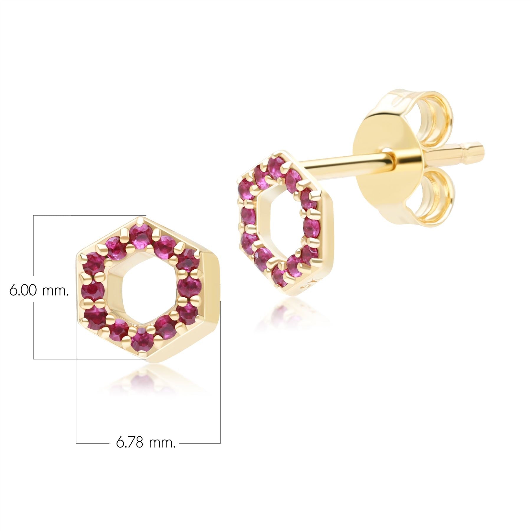 Geometric Hex Ruby Stud Earrings in 9ct Yellow Gold Dimensions 