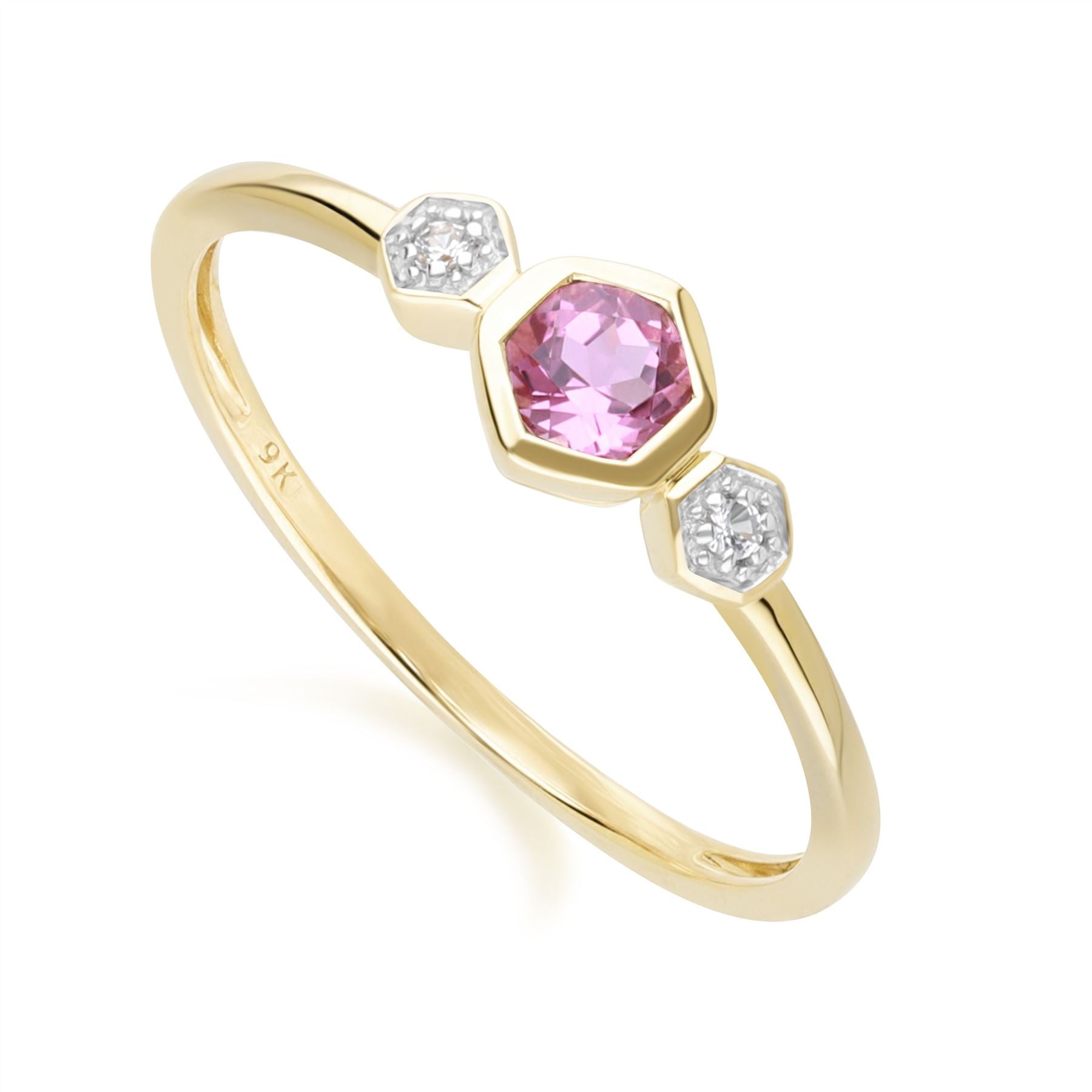 Geometric Round Pink Tourmaline and Sapphire Ring in 9ct Yellow Gold Side