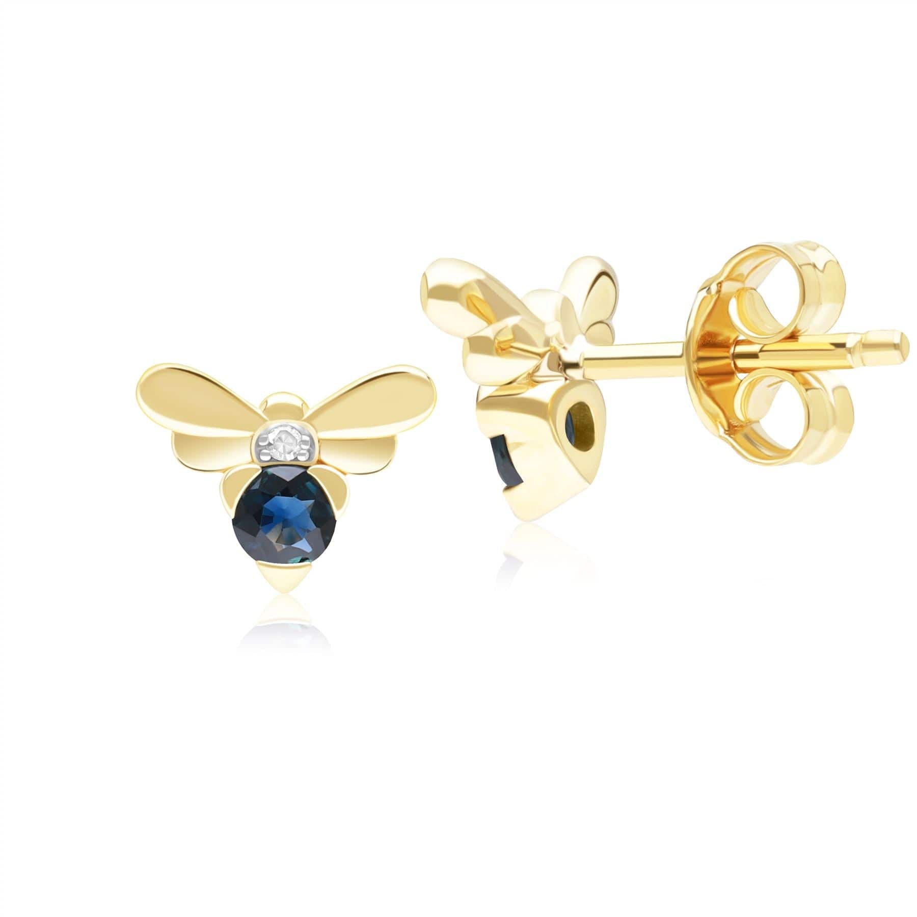 Honeycomb Inspired Blue Sapphire and Diamond Bee Stud Earrings in 9ct Yellow Gold Back  135E1872039