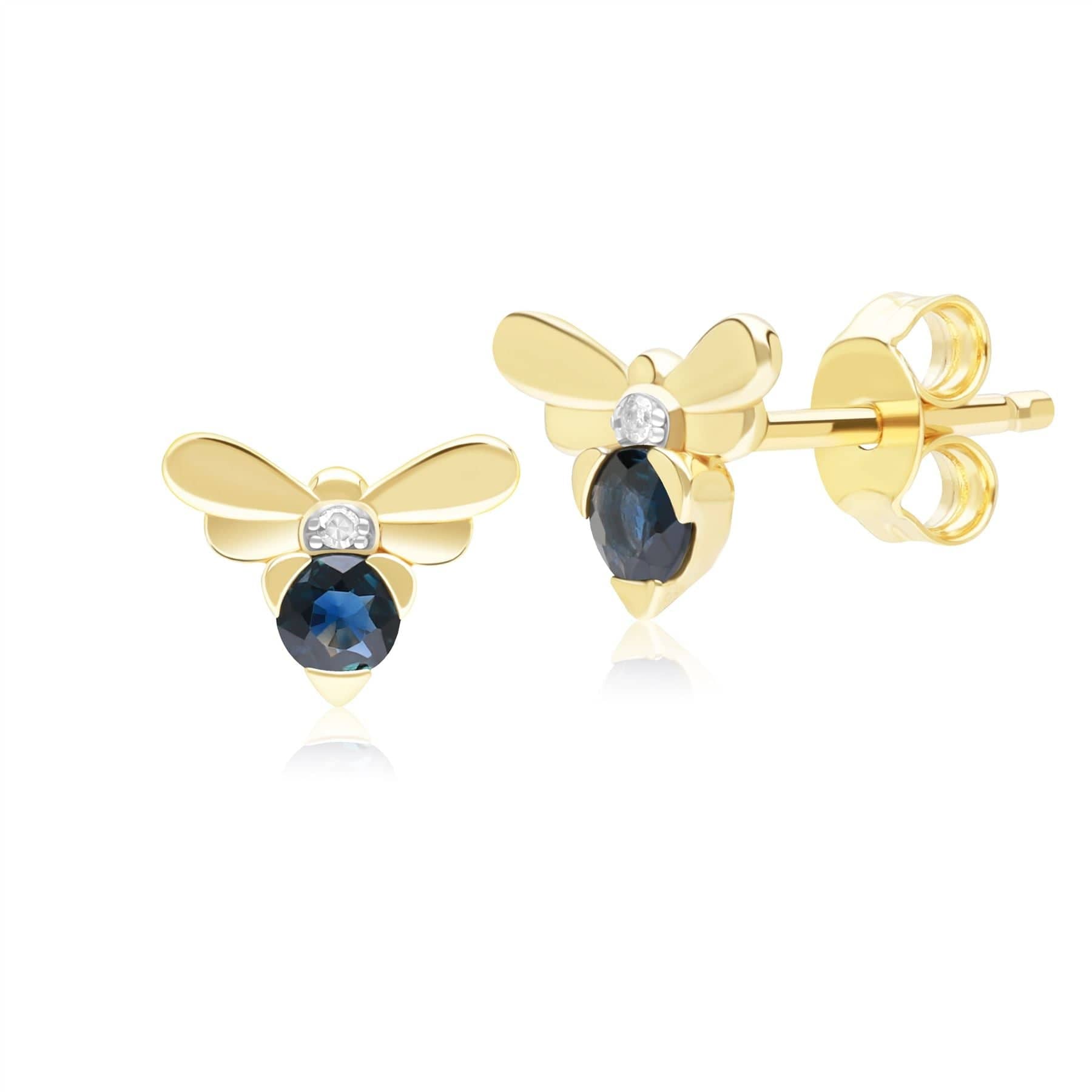 Honeycomb Inspired Blue Sapphire and Diamond Bee Stud Earrings in 9ct Yellow Gold Front  135E1872039