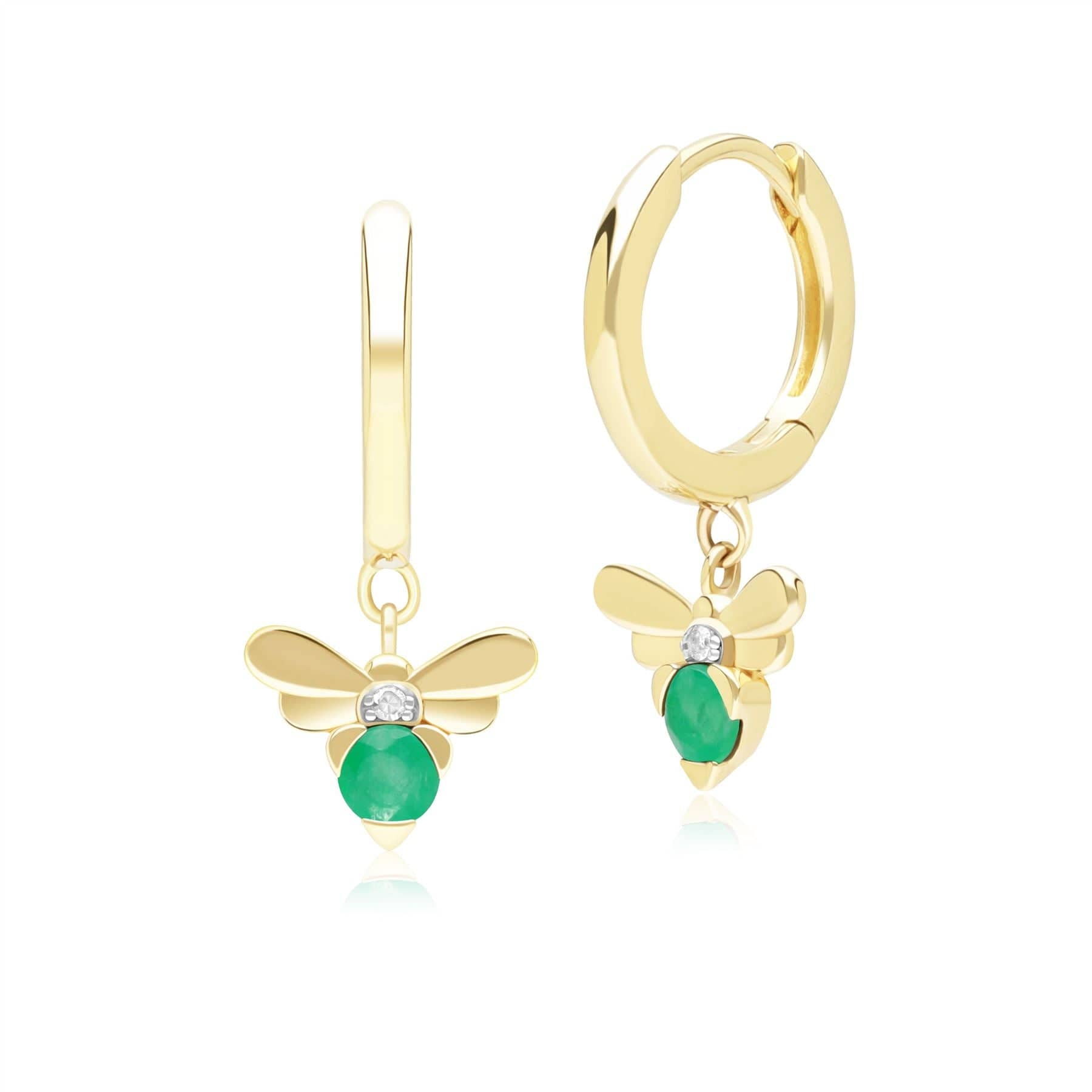 Honeycomb Inspired Emerald and Diamond Bee Hoop Earrings in 9ct Yellow GoldFront  135E1874029