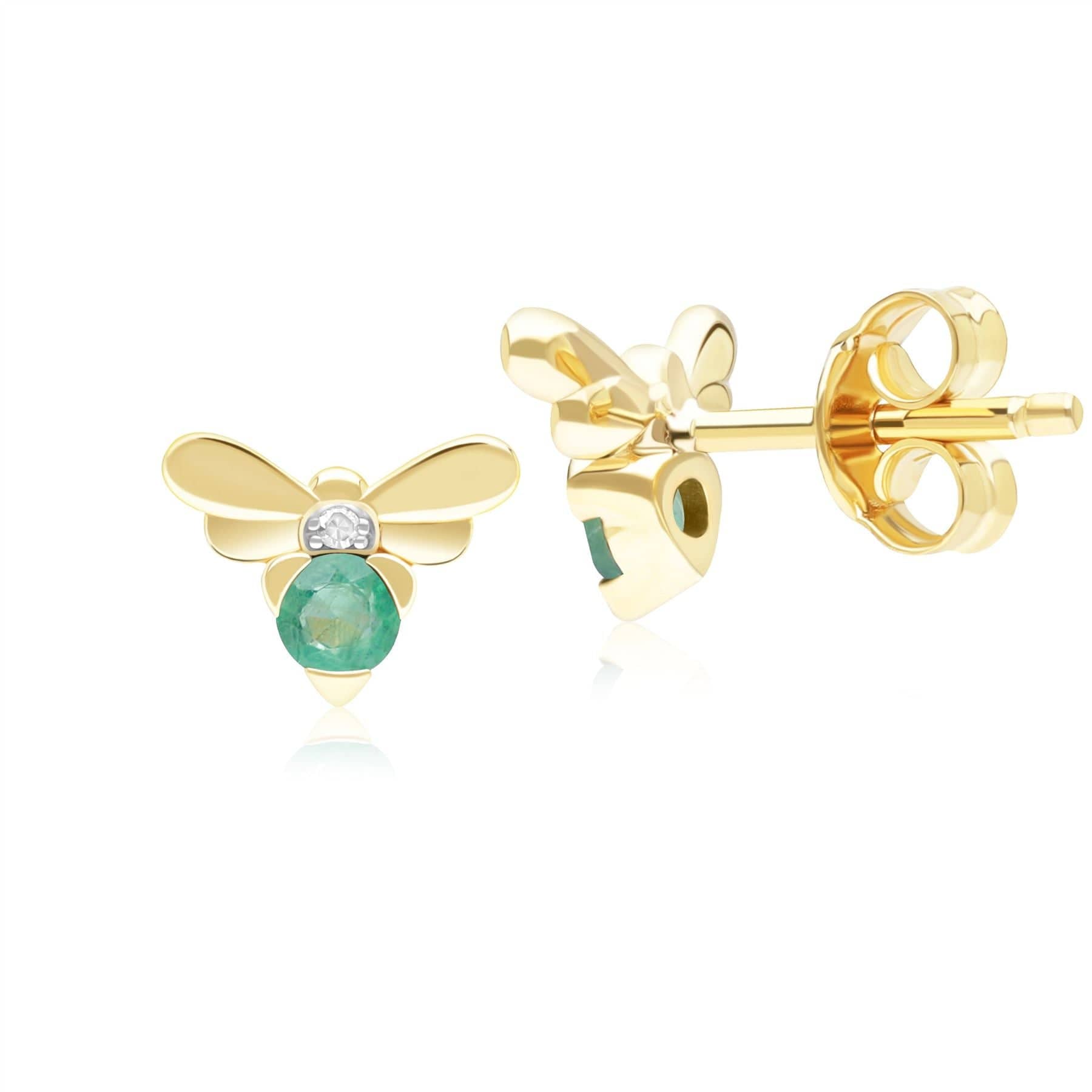 Honeycomb Inspired Emerald and Diamond Bee Stud Earrings in 9ct Yellow GoldBack  135E1872029