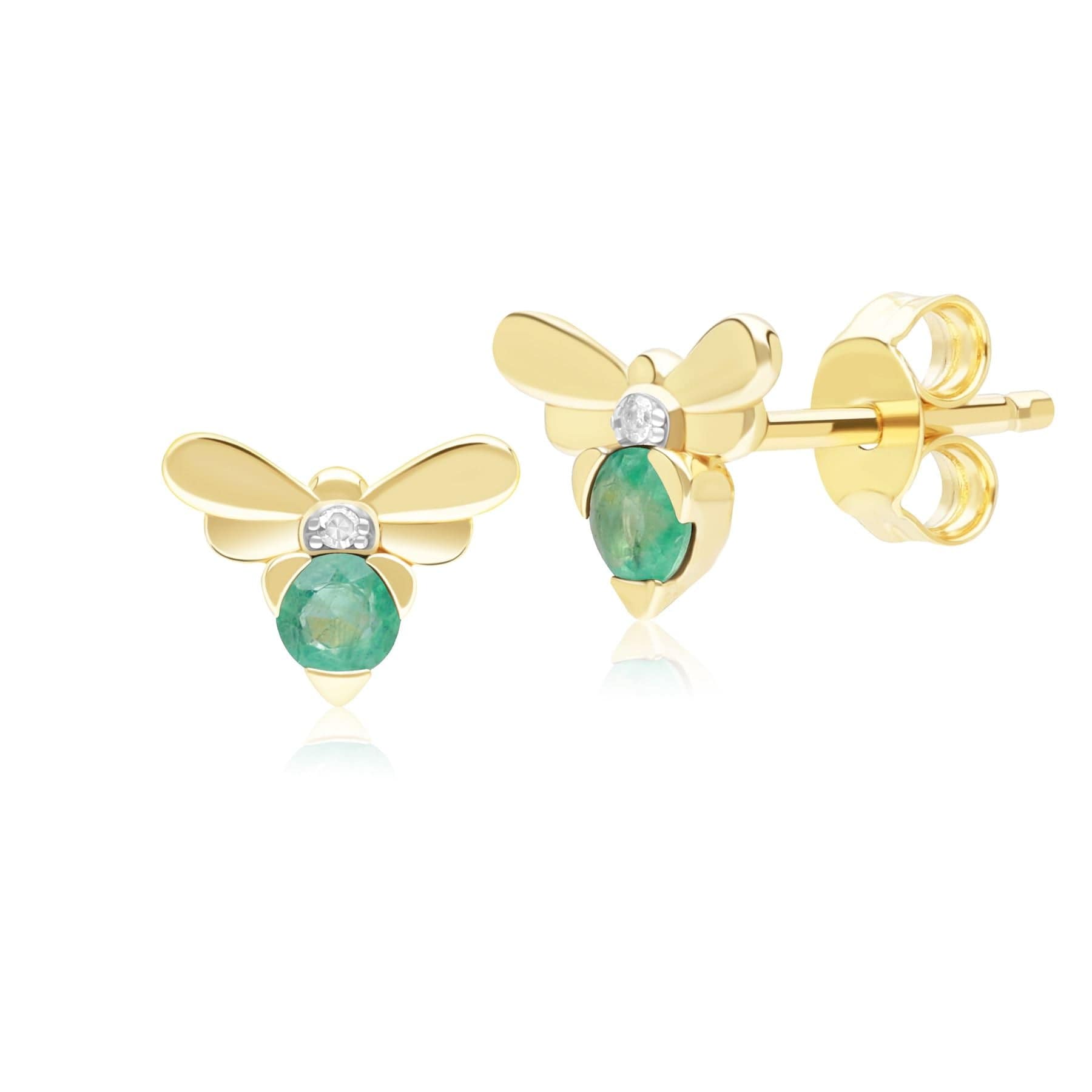 Honeycomb Inspired Emerald and Diamond Bee Stud Earrings in 9ct Yellow GoldFront  135E1872029