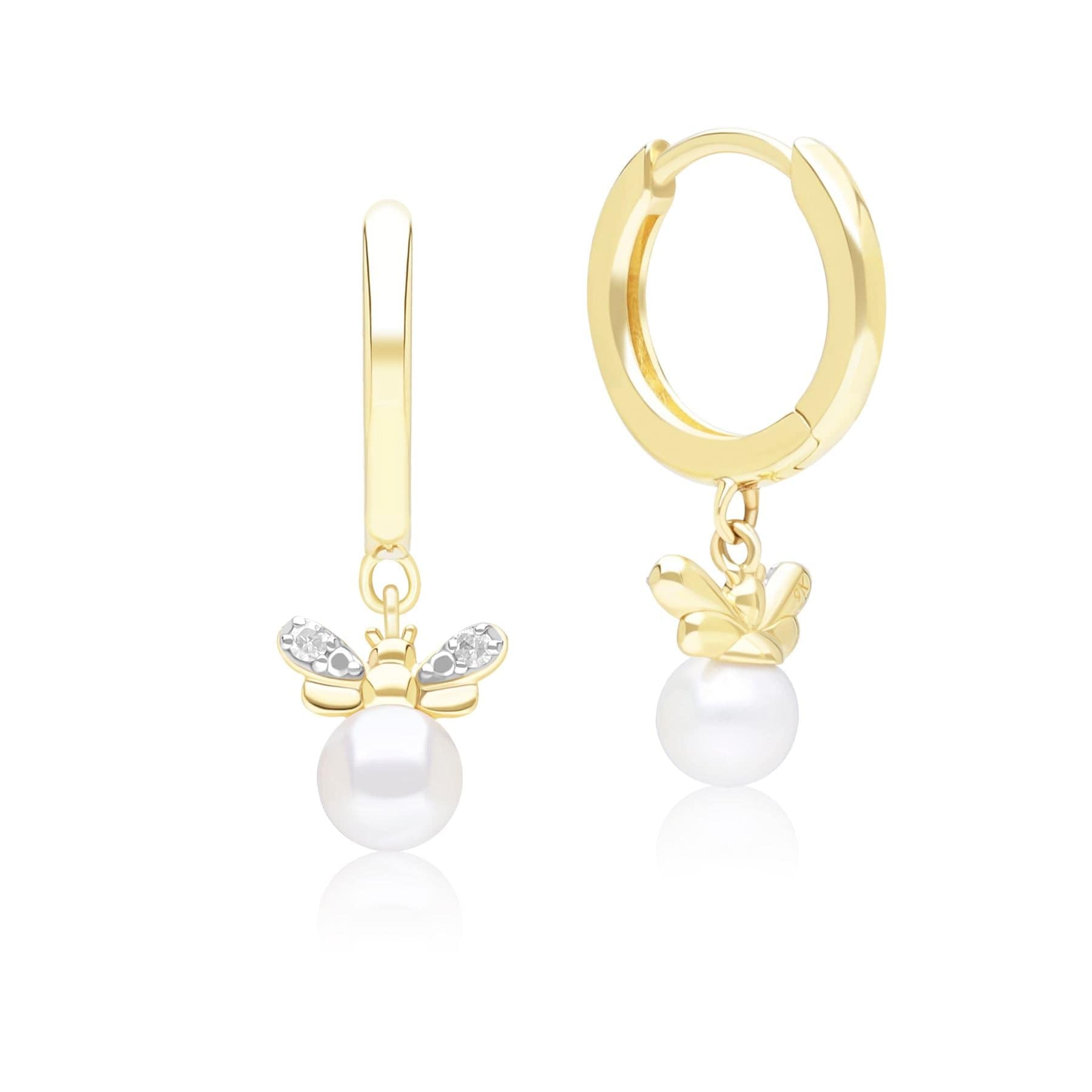 Honeycomb Inspired Pearl and Diamond Bee Hoop Earrings in 9ct Yellow GoldBack  135E1873019