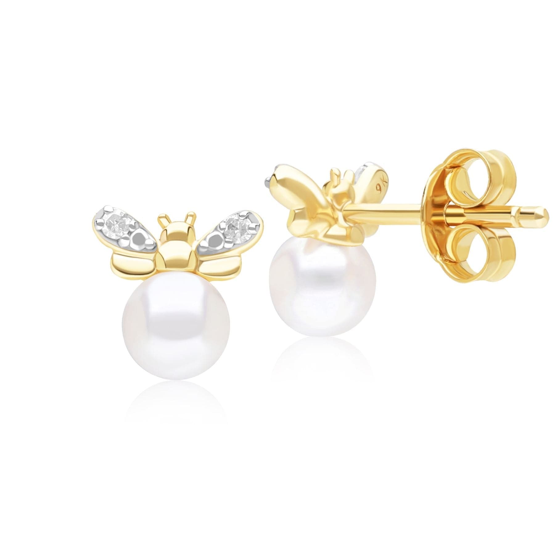 Honeycomb Inspired Pearl and Diamond Bee Stud Earrings in 9ct Yellow Gold Back  135E1871019