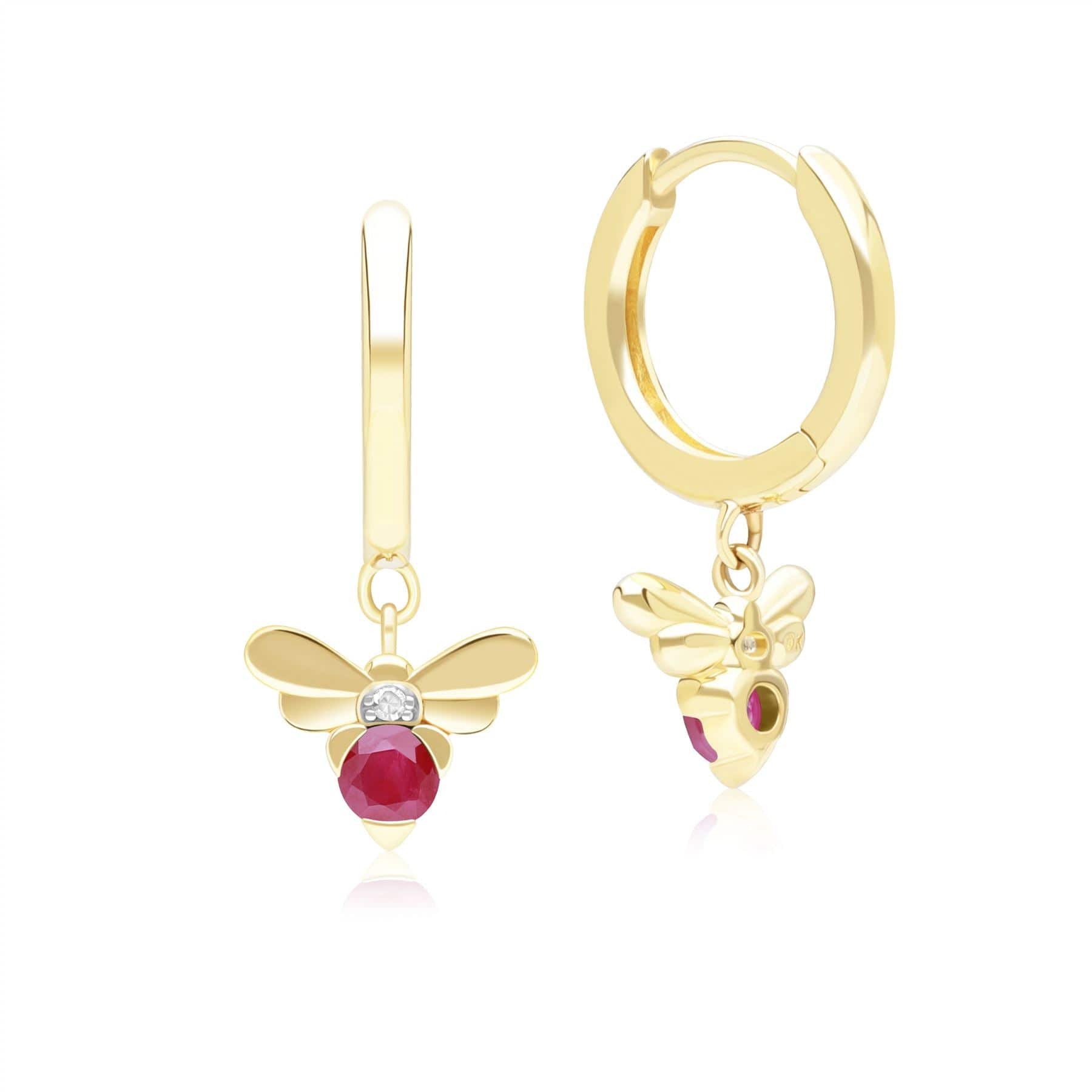 Honeycomb Inspired Ruby and Diamond Bee Hoop Earrings in 9ct Yellow GoldBack  135E1874019