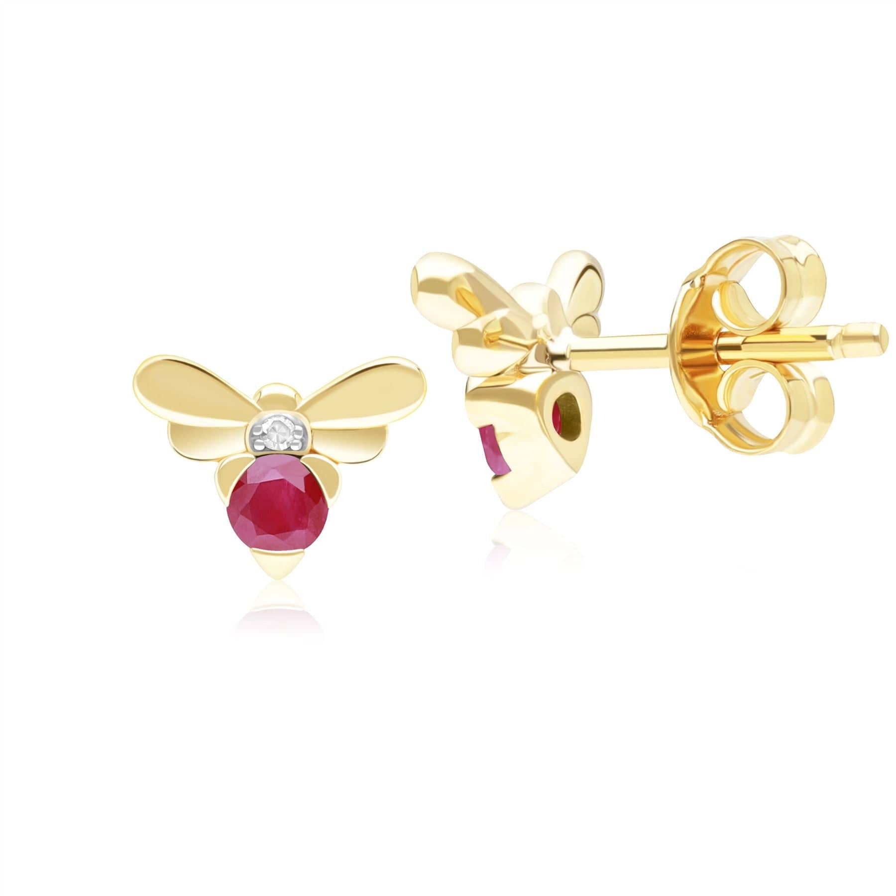 Honeycomb Inspired Ruby and Diamond Bee Stud Earrings in 9ct Yellow Gold Back  135E1872019