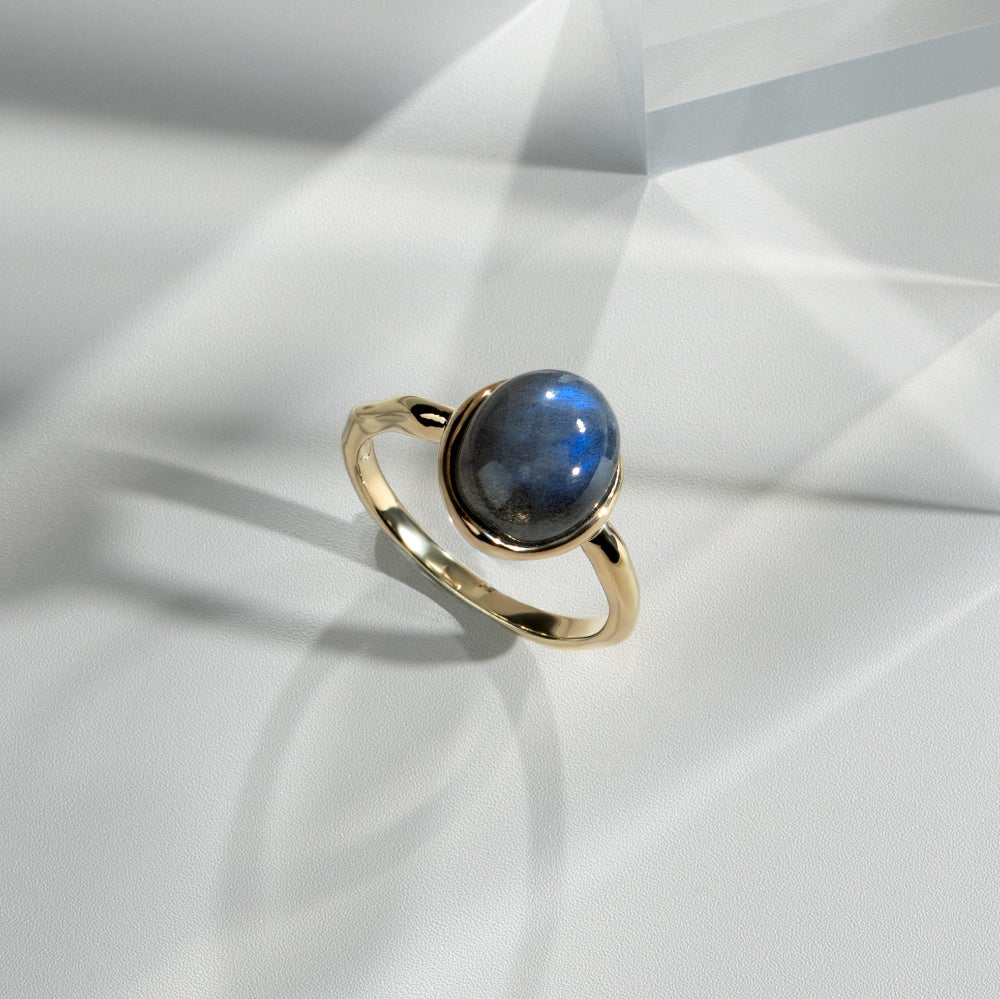 Irregular B Gem Labradorite Ring in Yellow Gold Plated Sterling Silver flatlay