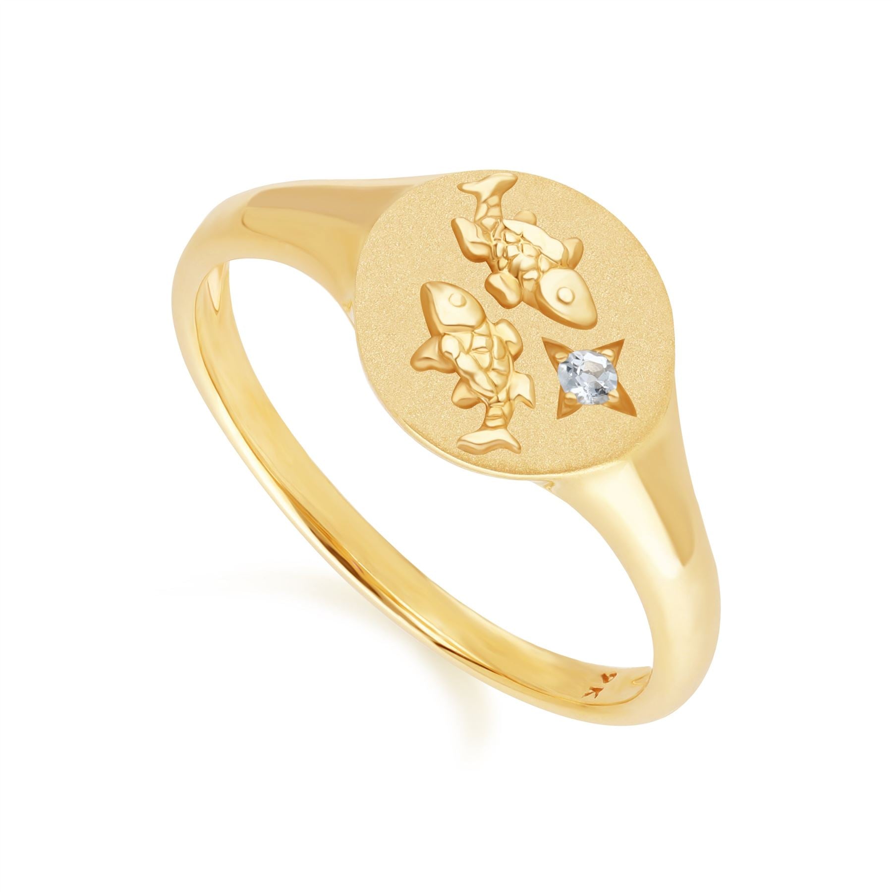 "Zodiac Aquamarine Pisces Signet Ring In 9ct Yellow GoldSide  135R2081019