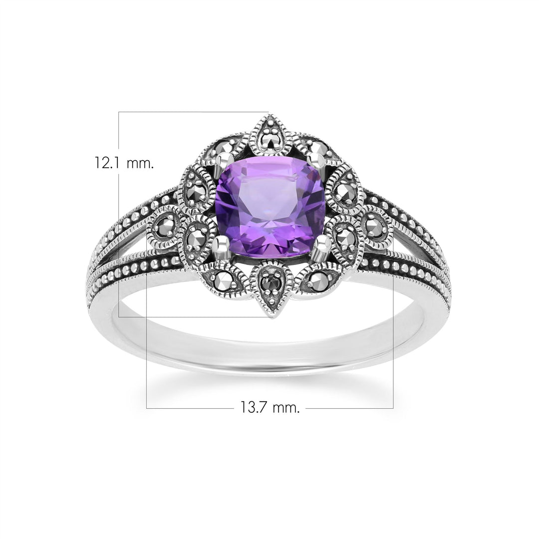 Art Deco Style Cushion Amethyst & Marcasite Ring in Sterling Silver