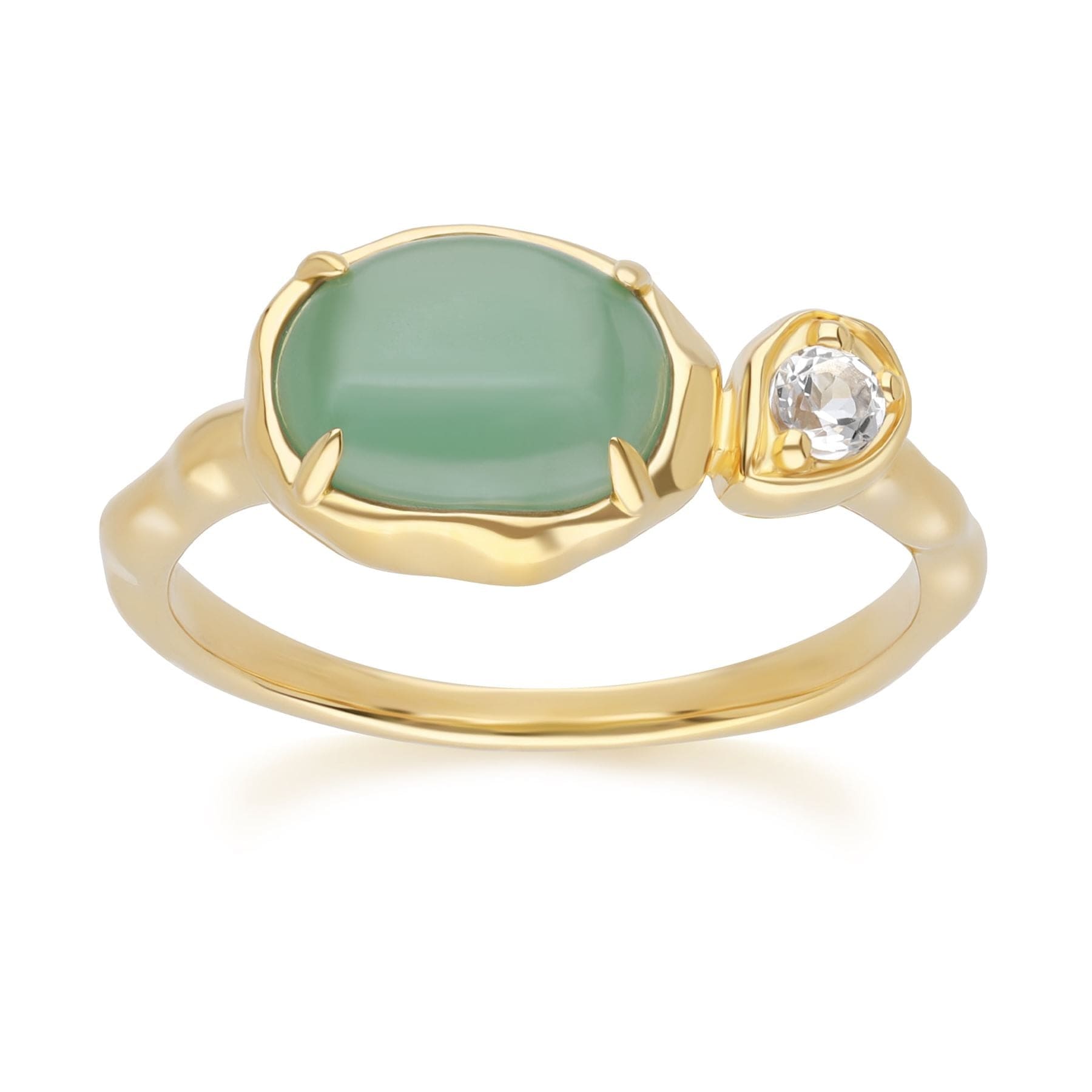 253R710302925 Irregular Oval Dyed Green Jade & Topaz Ring In 18ct Gold Plated SterlIng Silver Front