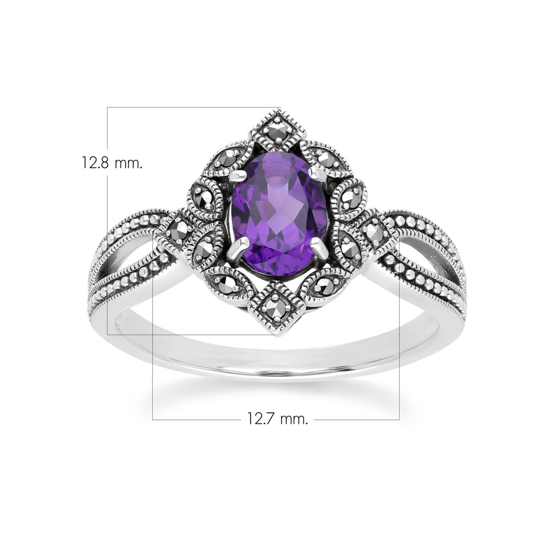 Art Deco Style Oval Amethyst & Marcasite Ring in Sterling Silver