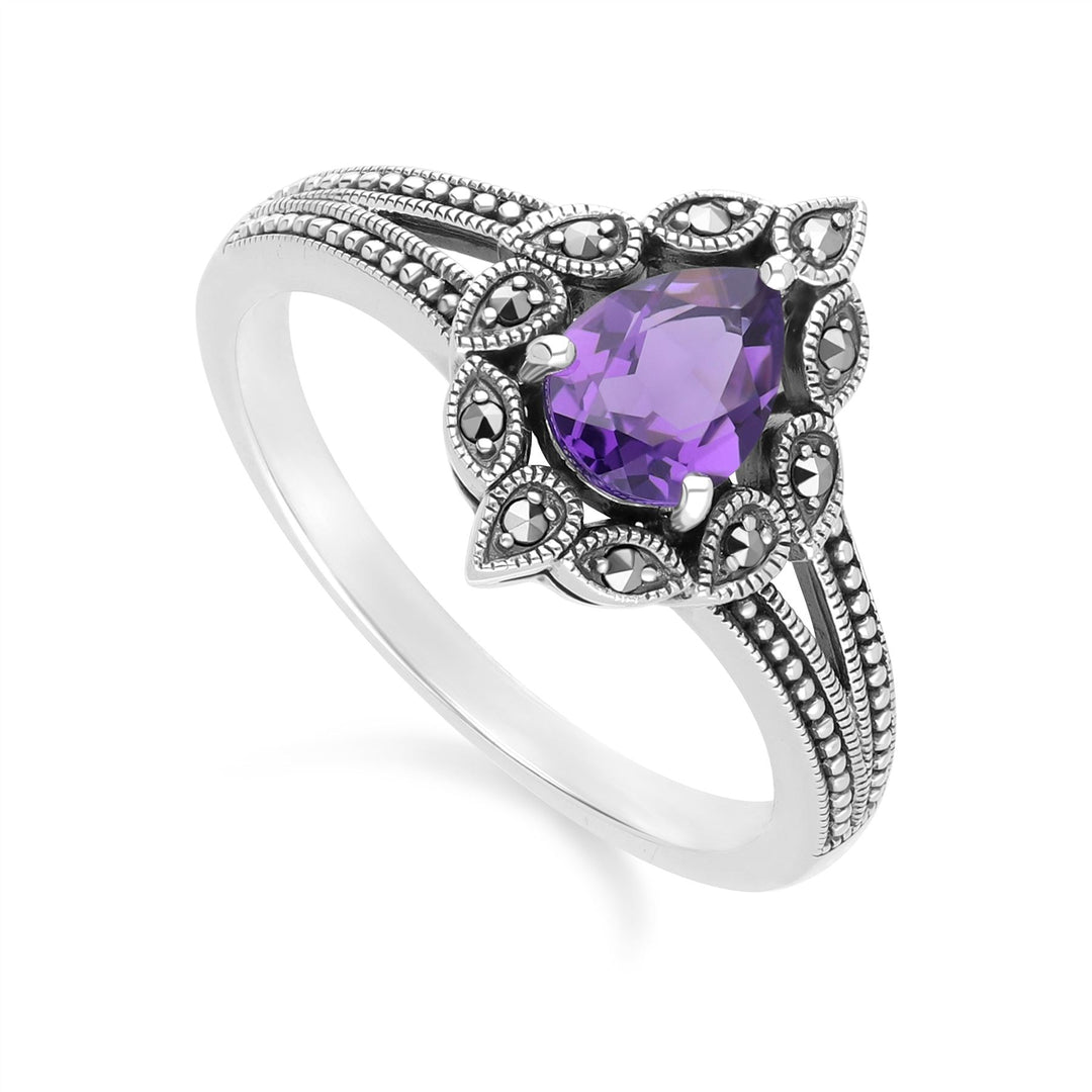 Art Deco Style Pear Amethyst & Marcasite Ring in Sterling Silver