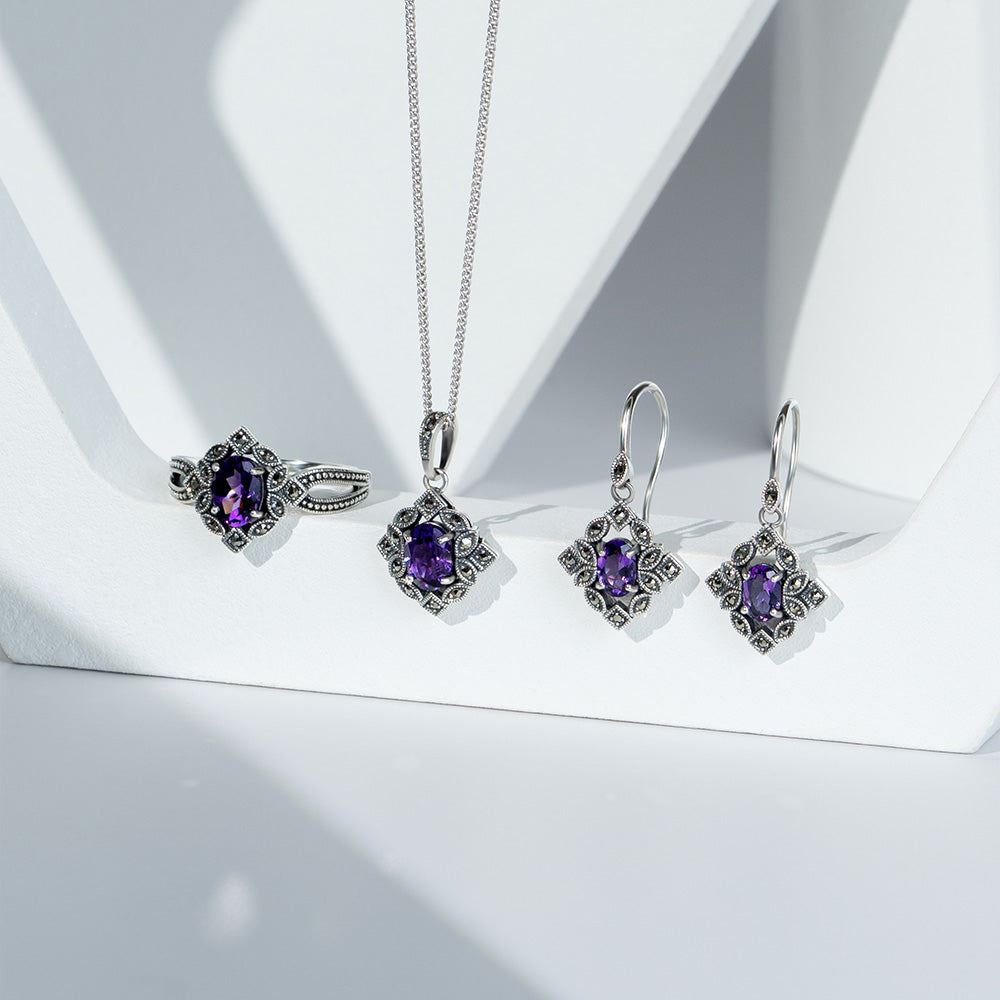 Art Deco Style Oval Amethyst & Marcasite Ring in Sterling Silver