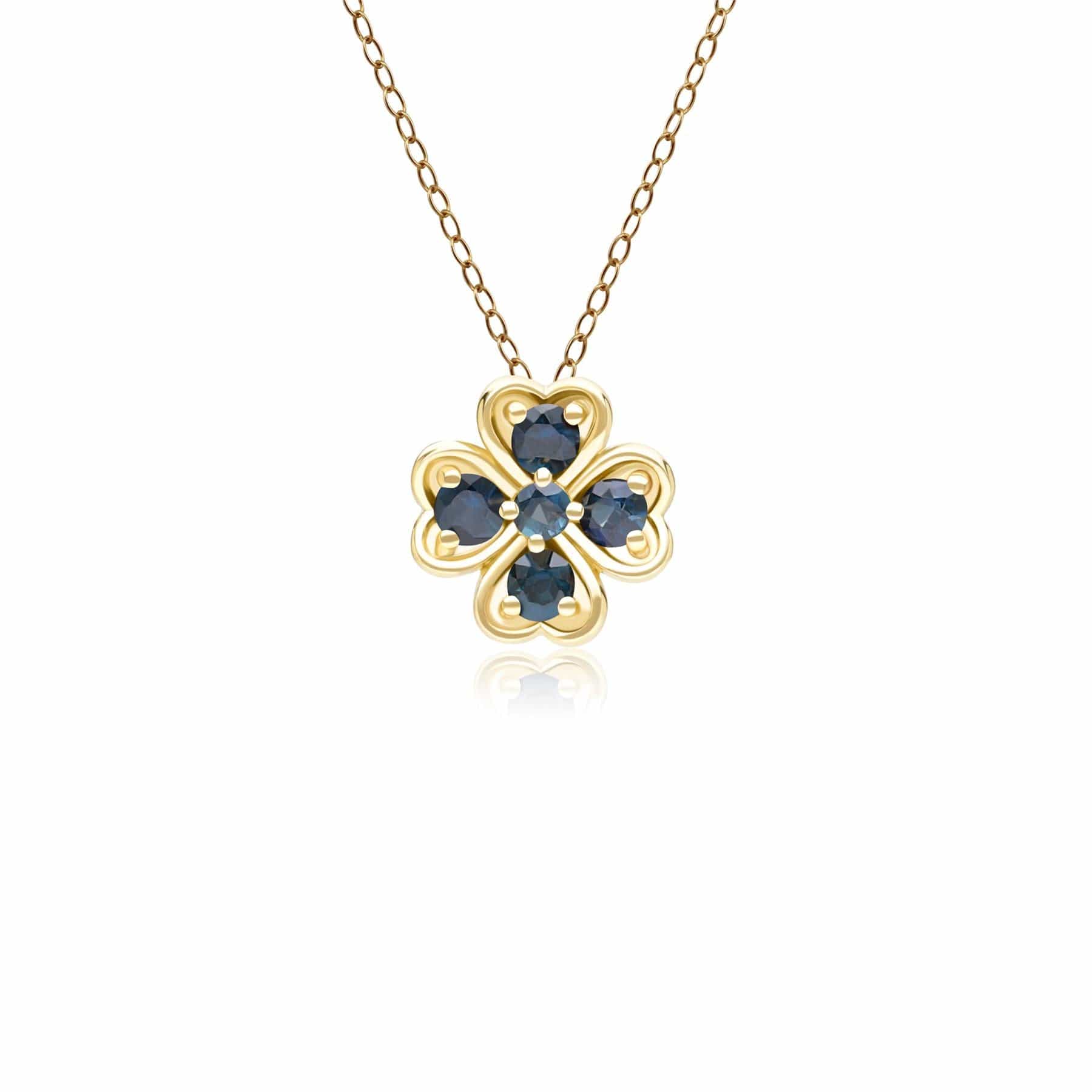 135P2127039 Gardenia Round Sapphire Clover Pendant Necklace in 9ct Yellow Gold Front