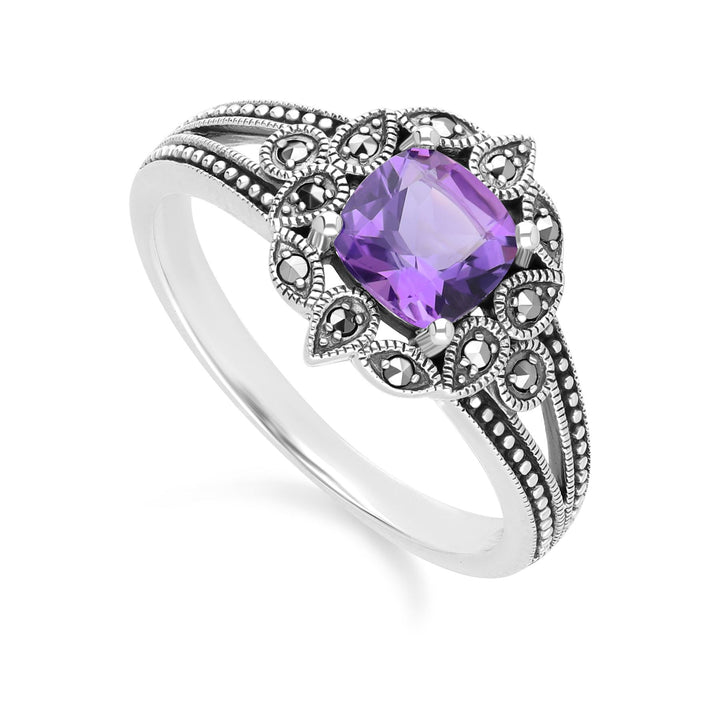 Art Deco Style Cushion Amethyst & Marcasite Ring in Sterling Silver