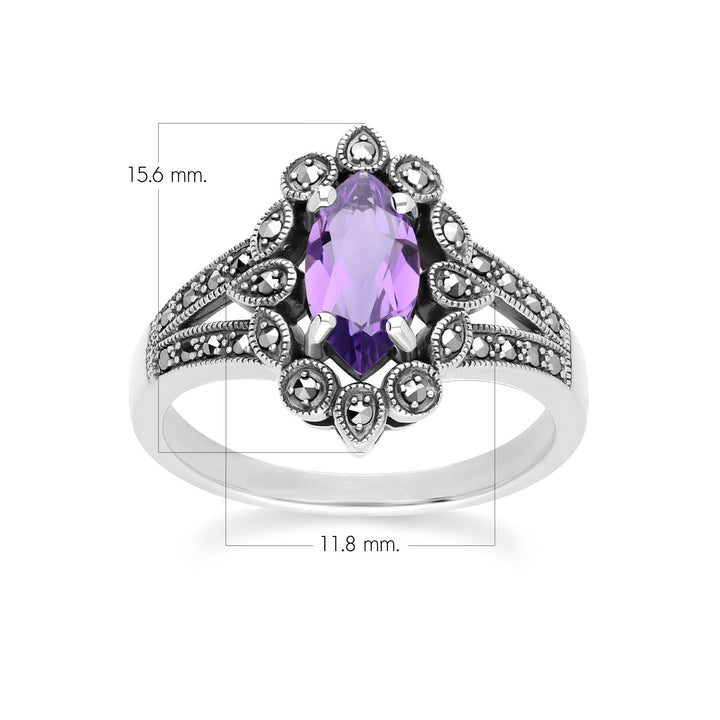 Art Deco Style Marquise Amethyst & Marcasite Ring in Sterling Silver