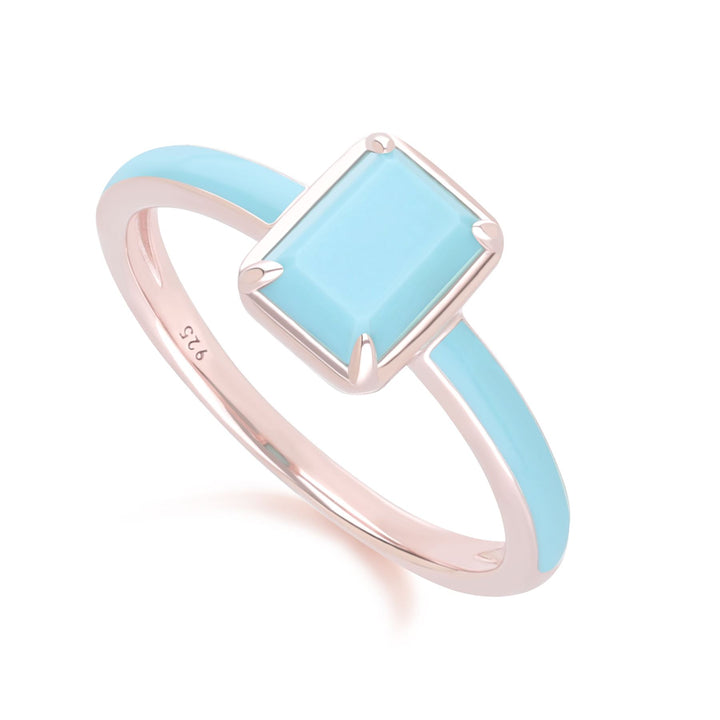 Siberian Waltz Blue Enamel & Octagon Turquoise Ring In Rose Gold Vermeil