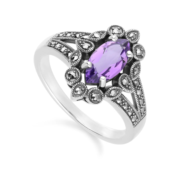 Art Deco Style Marquise Amethyst & Marcasite Ring in Sterling Silver