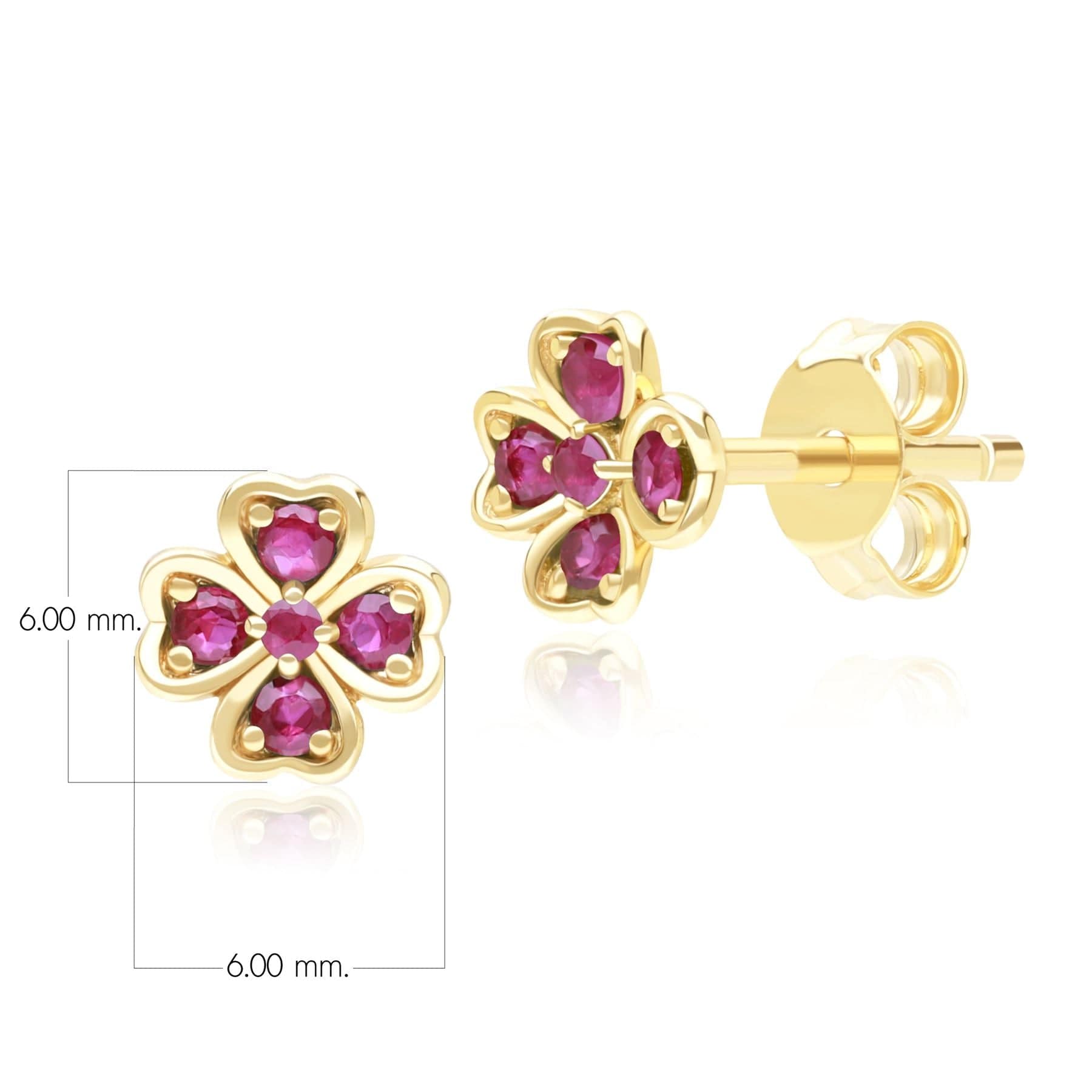 135E1878019 Gardenia Round Ruby Clover Stud Earrings in 9ct Yellow Gold Dimensions