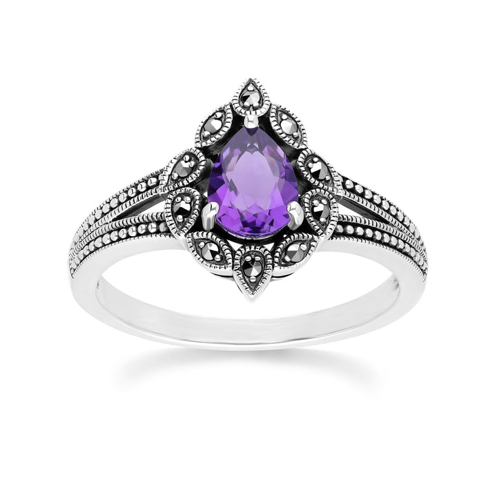 Art Deco Style Pear Amethyst & Marcasite Ring in Sterling Silver