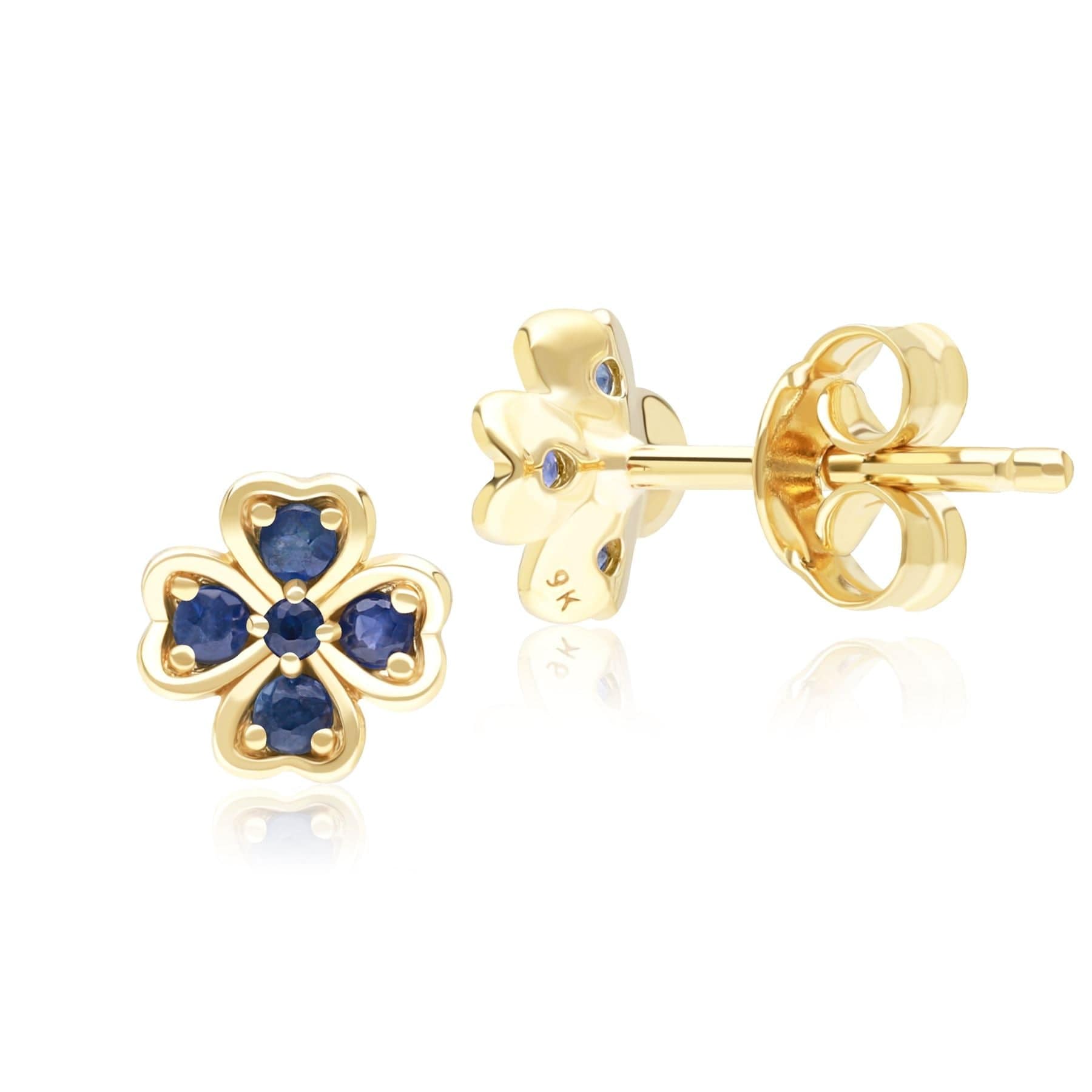 135E1878039 Gardenia Round Sapphire Clover Stud Earrings in 9ct Yellow Gold Side