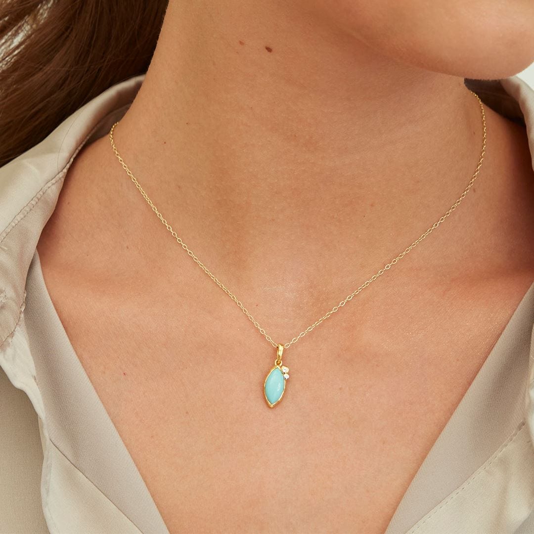 253P335203925 Irregular Marquise Turquoise & Topaz Pendant In 18ct Gold Plated SterlIng Silver On Model