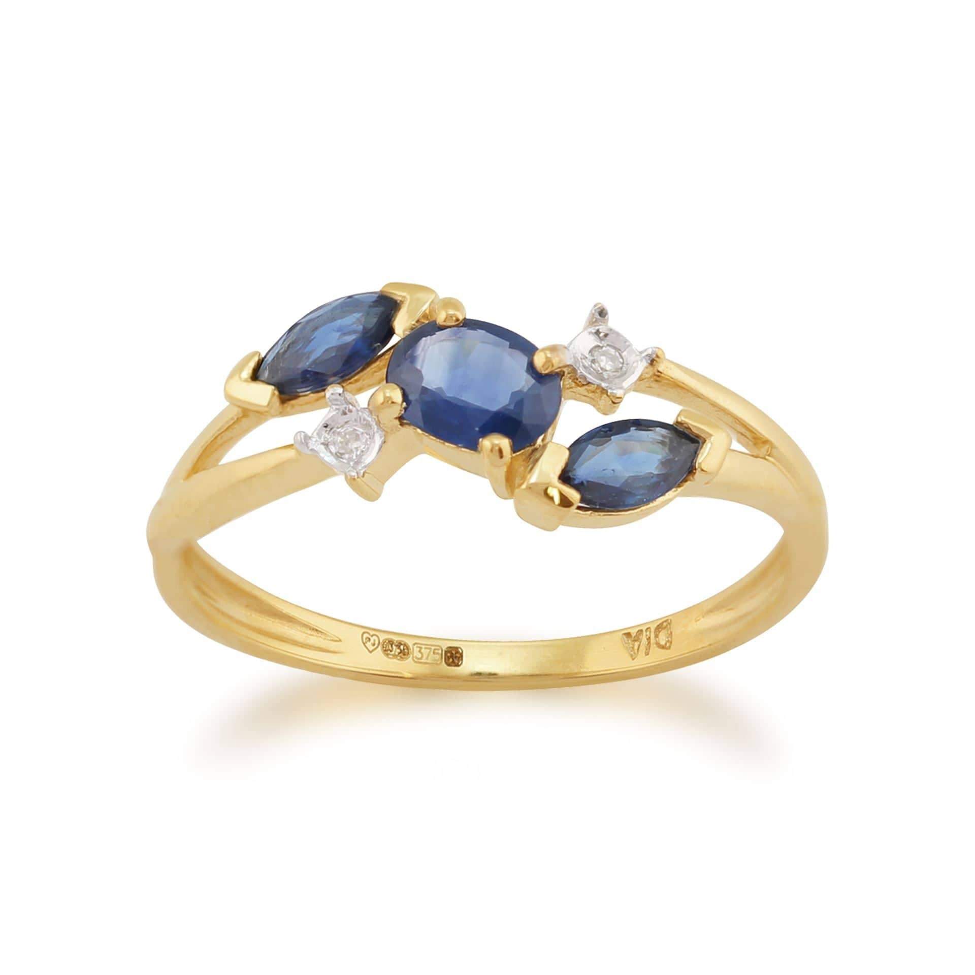 25343 Contemporary Marquise Light Blue Sapphire & Diamond Three Stone Ring in 9ct Yellow Gold 1